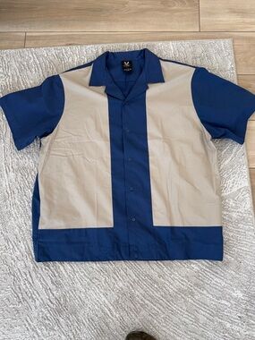 Hilton Bowling Retro Button Up Shirt Blue/Tan XL Back Graphic